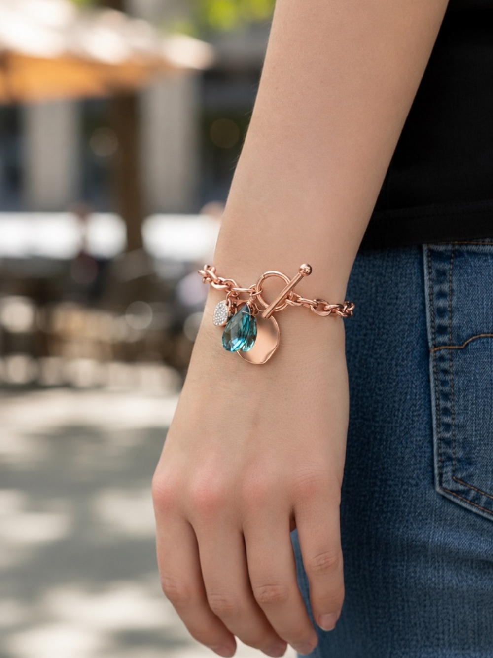 New Teal Indicolite Heart Charm Bracelet – Rose Gold Plated Stainless Steel